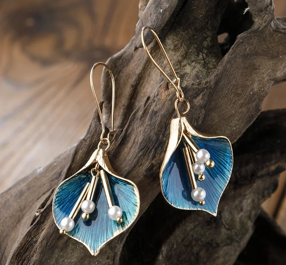 Vintage Blaue Lotus Silberohrringe